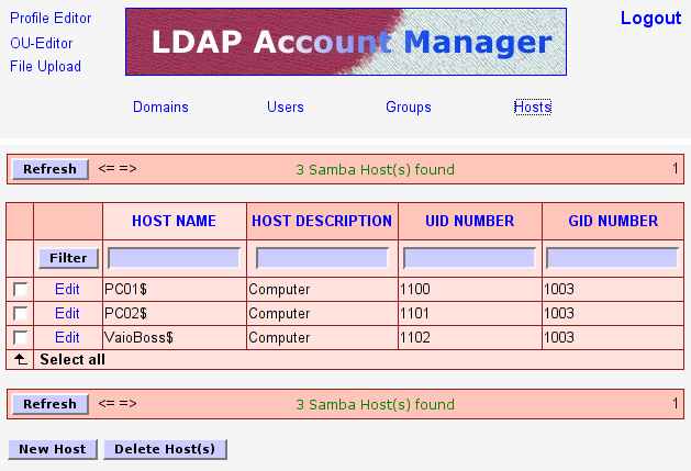 The LDAP Account Manager Host Edit Screen